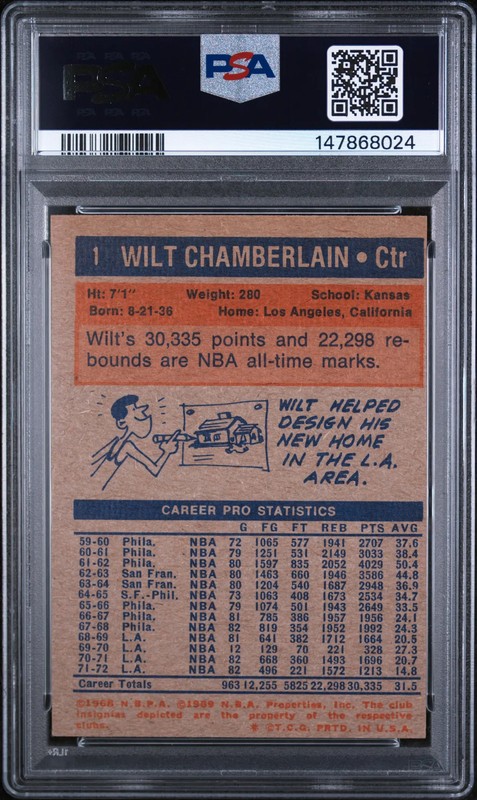 1972 Topps Wilt Chamberlain PSA 5 view 2