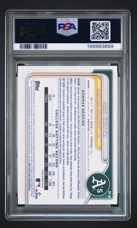 143738372 Nick Kurtz 2024 Bowman Draft #BD-56 1st RC PSA 10 view 2