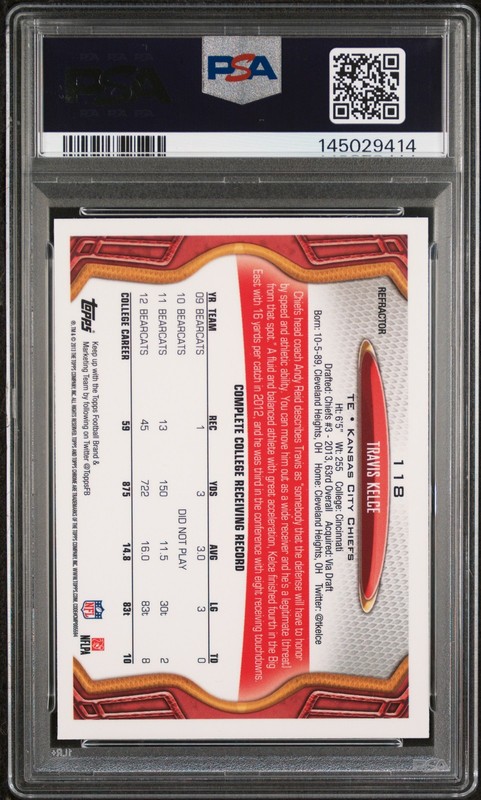 2013 Topps Chrome #118 Travis Kelce Refractor Rookie RC Card PSA 9 view 2