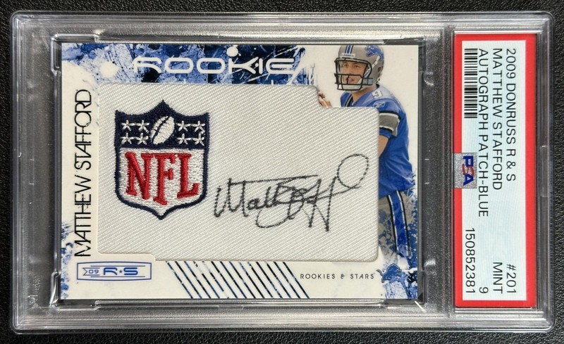 JSY# 9/10 MATTHEW STAFFORD PSA 9 2009 DONRUSS R & S #201 ROOKIE PATCH AUTO BLUE