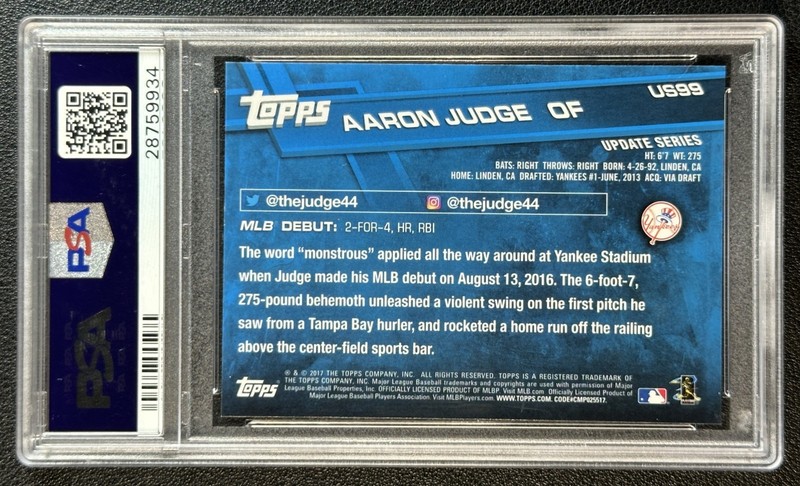 AARON JUDGE PSA 10 2017 TOPPS UPDATE #US99 ROOKIE DEBUT RC YANKEES 9934 view 2