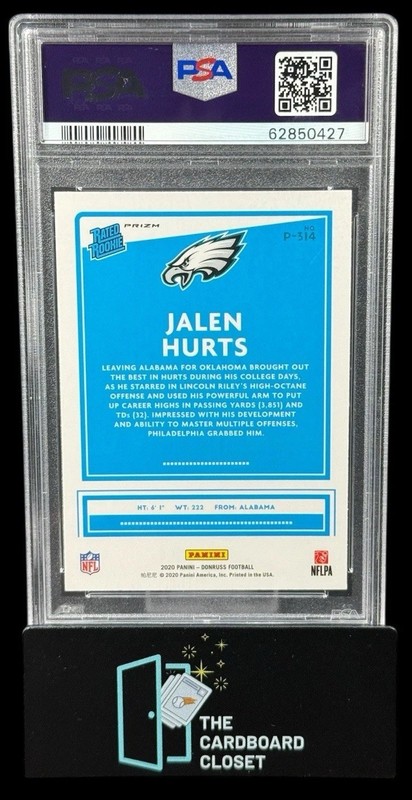 Jalen Hurts 2020 Donruss Optic Preview Holo Rated Rookie PSA 10 Eagles view 2