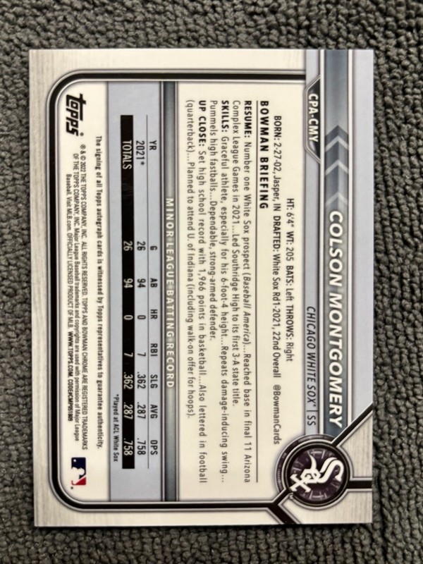 2022 Bowman Chrome Colson Montgomery Auto #CPA-CMY Chicago White Sox view 2