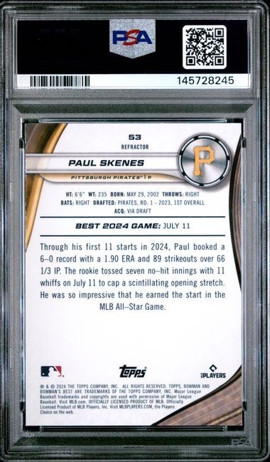 2024 BOWMAN'S BEST PAUL SKENES ROOKIE REFRACTOR #53 PSA 10 GEM MINT view 2