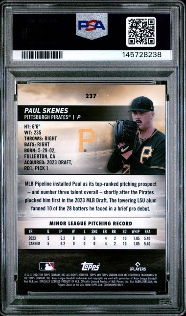 2024 STADIUM CLUB CHROME PAUL SKENES ROOKIE #237 PSA 10 GEM MINT view 2