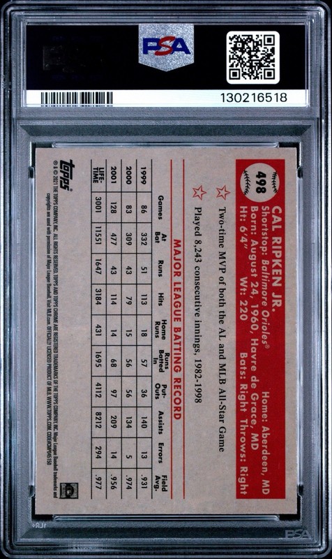 2021 Topps Chrome Platinum Anniversary Cal Ripken Jr. #498 PSA 10 view 2