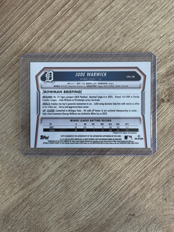 2026 Bowman Jude Warwick Chrome Prospect 1st Gold Refractor Auto /50 Tigers view 2