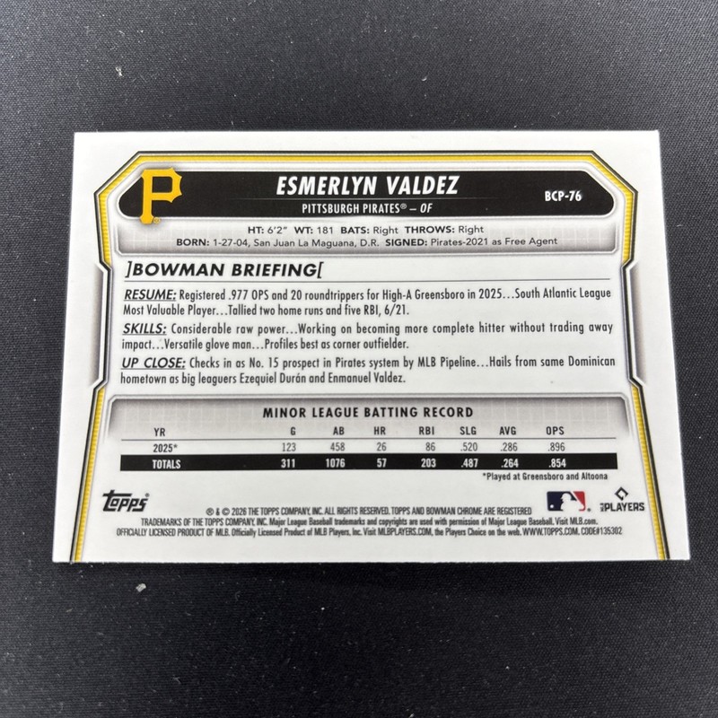 2026 Bowman Chrome Esmerlyn Valdez Lava Refractor 83/399 Pirates view 2