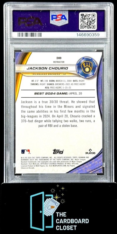 Jackson Chourio 2024 Bowman’s Best Refractor RC PSA 10 view 2