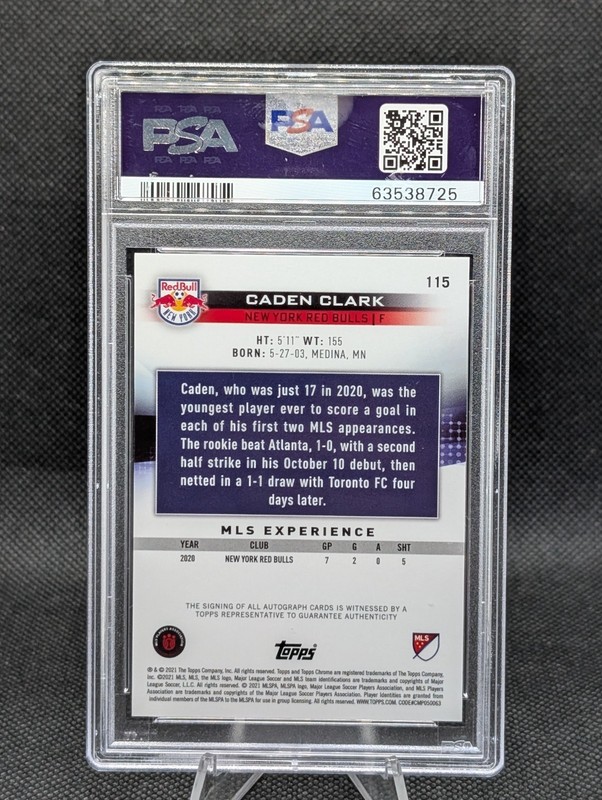 2021 Topps Chrome MLS Sapphire Edition Auto Caden Clark #115 PSA 10 Gem view 2