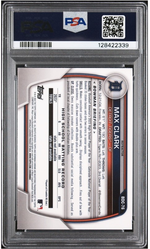 MAX CLARK 2023 Bowman Draft 1st Chrome Refractor #BDC76 PSA 10 Tigers view 2