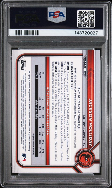 2022 Bowman Chrome Draft Jackson Holliday Sparkle Refractor Auto 27/71 PSA 10 view 2