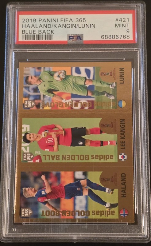 2019 Panini FIFA 365 Erling Haaland Rookie Card RC Sticker 421 BLUE Back PSA 9