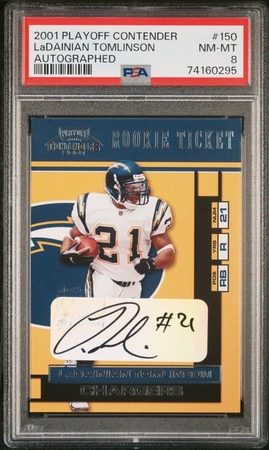 LADAINIAN TOMLINSON 2001 Playoff Contenders Auto Rookie Ticket #150 RC PSA 8