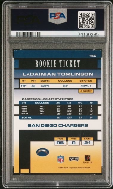 LADAINIAN TOMLINSON 2001 Playoff Contenders Auto Rookie Ticket #150 RC PSA 8 view 2