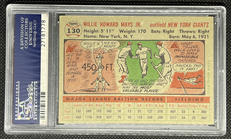 1956 Topps Willie Mays #130 VG-EX PSA 4 Gray back view 2