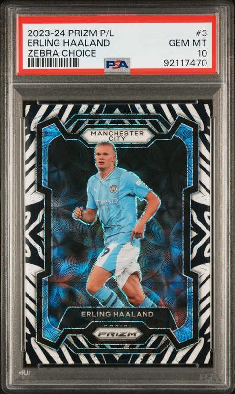 2023-24 Panini Prizm P/L Erling Haaland #3 Choice Zebra /15 SSP PSA 10 POP 4💎💎