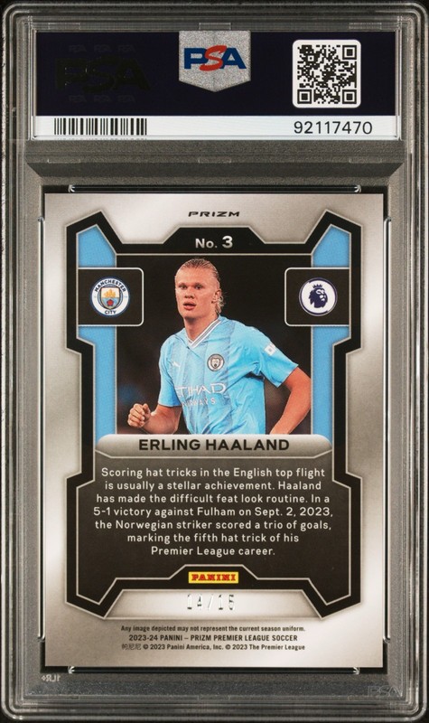 2023-24 Panini Prizm P/L Erling Haaland #3 Choice Zebra /15 SSP PSA 10 POP 4💎💎 view 2