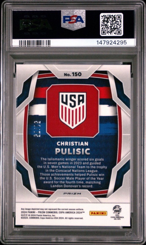 PSA 10 Christian Pulisic /75 2024 Prizm Copa America Blue Pulsar USA World Cup view 2