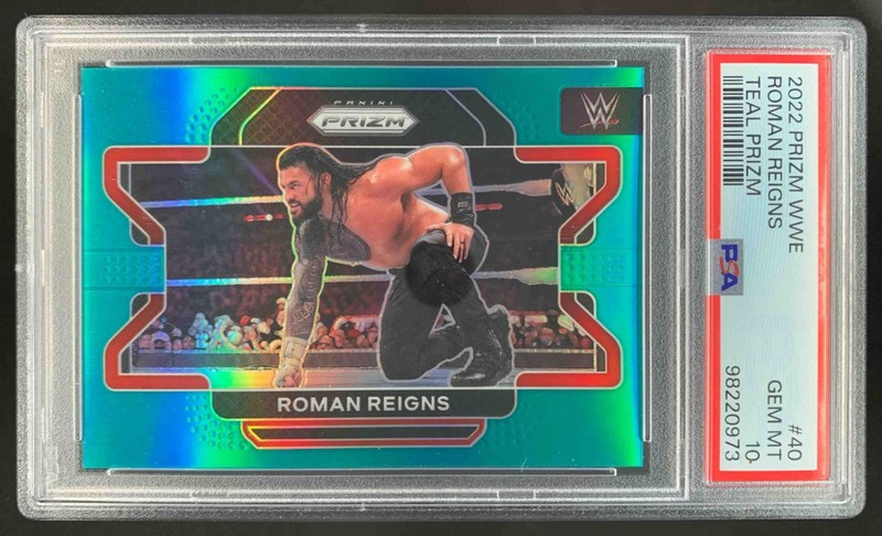 Roman Reigns 2022 Panini Prizm WWE Teal /49 PSA 10