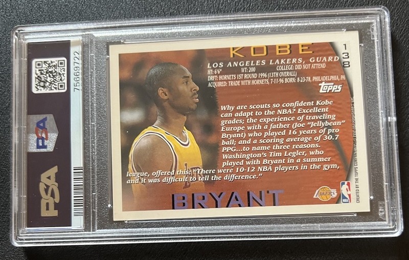 Topps 1996-97 Kobe Bryant #138 PSA 9 Rookie Base Set Los Angeles Lakers view 2