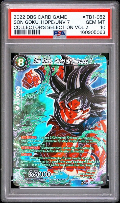 2022 DRAGON BALL SUPER CARD GAME SON GOKU, HOPE OF UNIVERSE 7 TB1-052 PSA 10