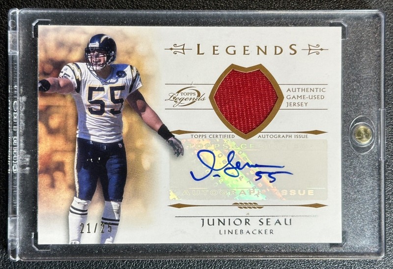 JUNIOR SEAU 2011 TOPPS GRIDIRON LEGENDS #JS GAME USED PATCH AUTO CHARGERS HOF