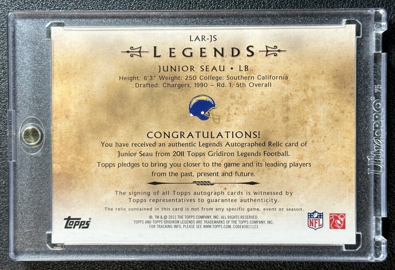 JUNIOR SEAU 2011 TOPPS GRIDIRON LEGENDS #JS GAME USED PATCH AUTO CHARGERS HOF view 2