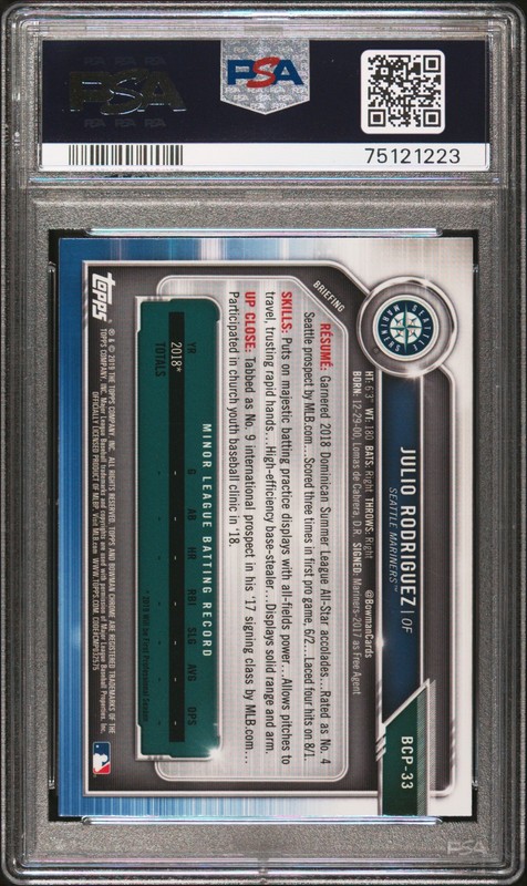 2019 Bowman #BCP-33 Julio Rodriguez Chrome Prospects PSA 10 view 2