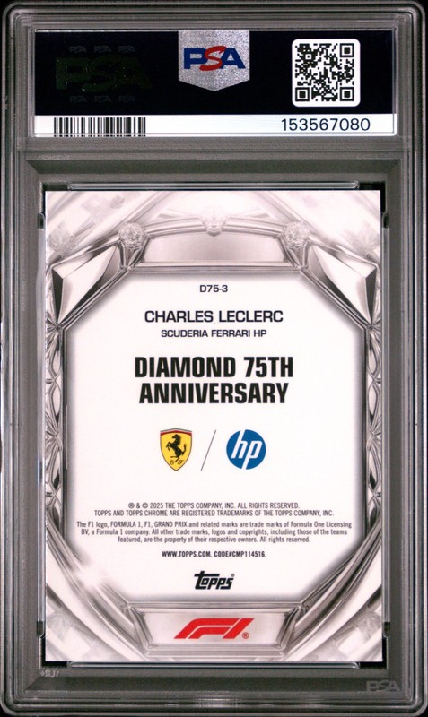 CHARLES LECLERC 2025 TOPPS CHROME F1 DIAMOND 75TH ANNIVERSARY PSA 10 GEM MINT view 2