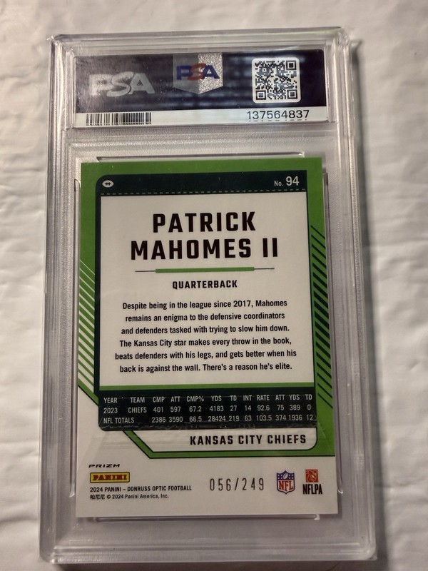 Patrick Mahomes 2024 Panini Optic Orange /249 PSA 10 #94 Chiefs view 2
