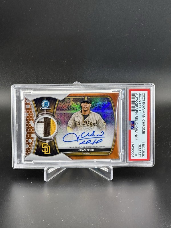 Juan Soto 2023 Bowman Chrome Orange /25 Auto Relic Jersey Patch PSA 10 POP 1