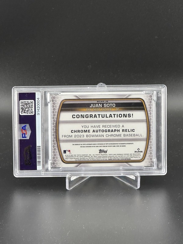 Juan Soto 2023 Bowman Chrome Orange /25 Auto Relic Jersey Patch PSA 10 POP 1 view 2