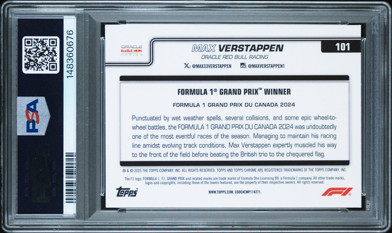 MAX VERSTAPPEN 2025 TOPPS CHROME F1 BLACK WHITE LAZER REFRACTOR #101 PSA 9 MINT view 2