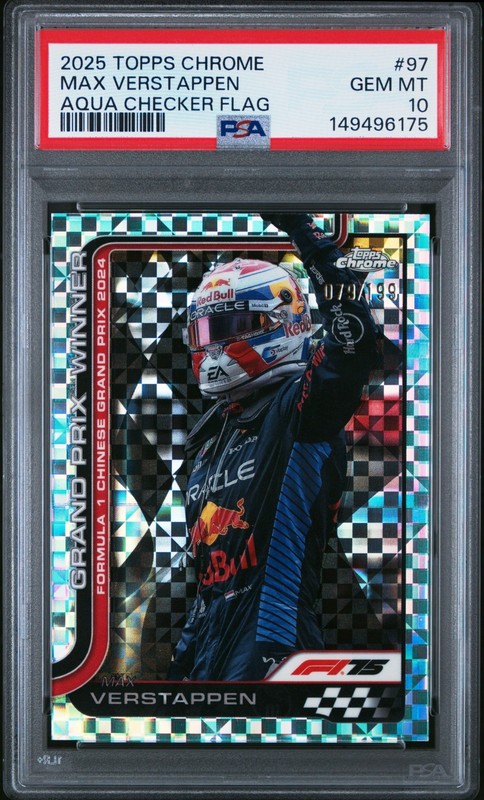 MAX VERSTAPPEN 2025 TOPPS CHROME F1 AQUA CHECKER FLAG REFRACTOR SP 79/199 PSA 10