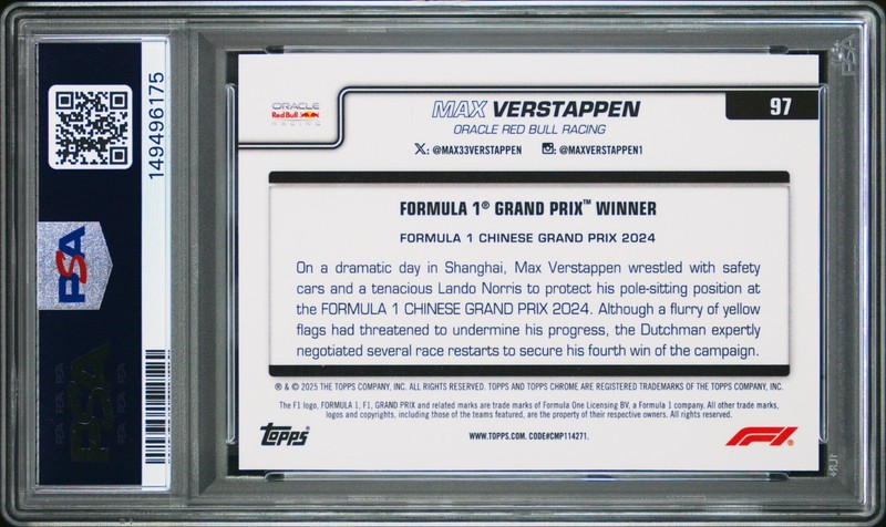 MAX VERSTAPPEN 2025 TOPPS CHROME F1 AQUA CHECKER FLAG REFRACTOR SP 79/199 PSA 10 view 2