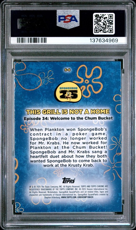 THIS GRILL IS NOT A HOME 2025 TOPPS CHROME SPONGEBOB S-O-N-G SONGS PSA 10 GEM view 2