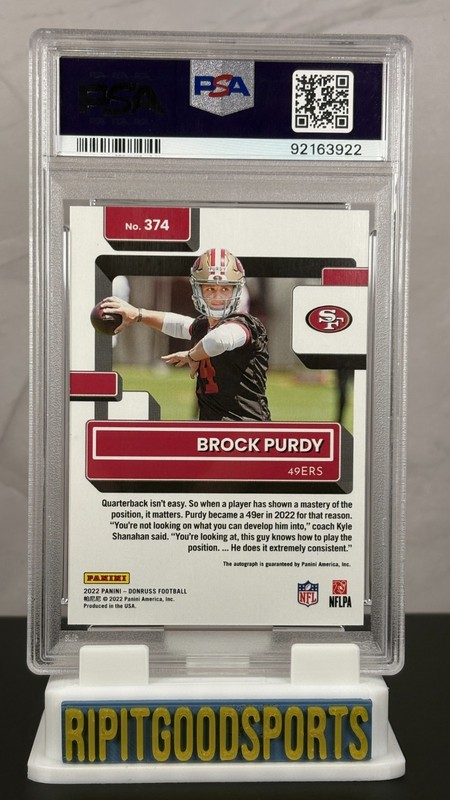 Brock Purdy 2022 Donruss #374 Rated Rookie Autograph Orange PSA 9 MT RC 49ers view 2