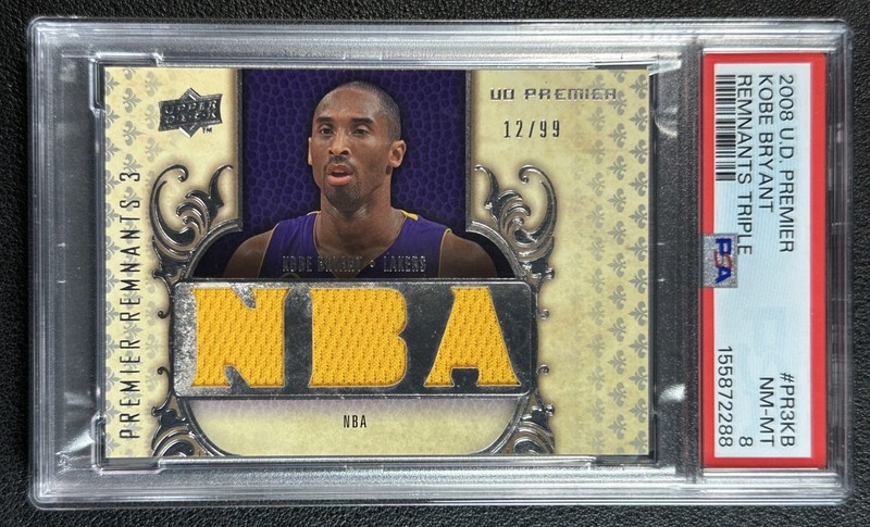 KOBE BRYANT PSA 8 2008-09 UPPER DECK PREMIER REMNANTS TRIPLE GU JERSEY 12/99
