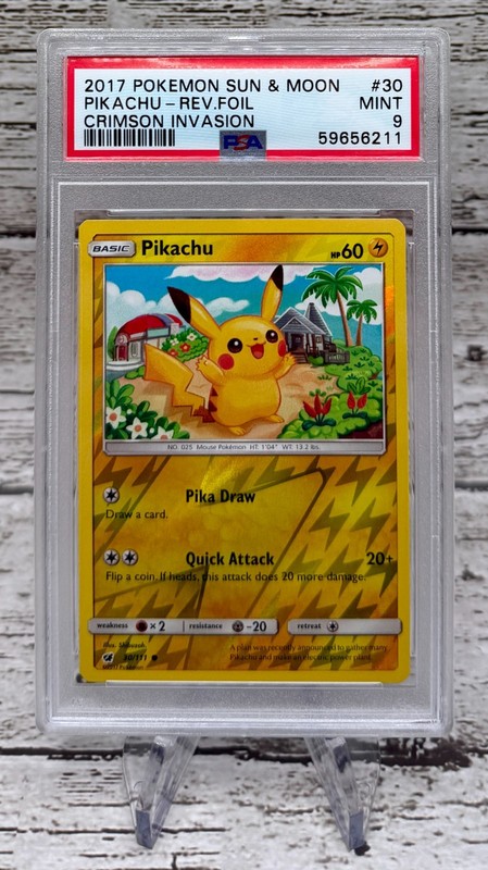 2017 POKEMON PIKACHU SUN & MOON CRIMSON INVASION REVERSE HOLO FOIL #30 PSA 9