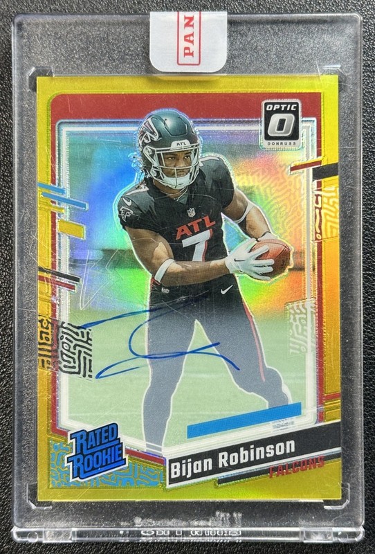 BIJAN ROBINSON 2023 PANINI DONRUSS OPTIC #206 RATED ROOKIE AUTO GOLD PRIZM 5/10