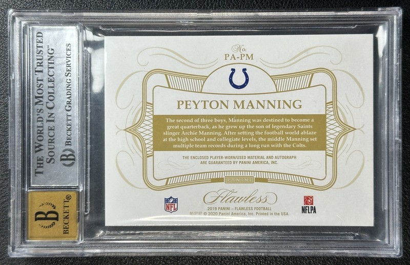 PEYTON MANNING BGS 9 2019 PANINI FLAWLESS JERSEY PATCH AUTO 1/10 *SMALL CHIP* view 2