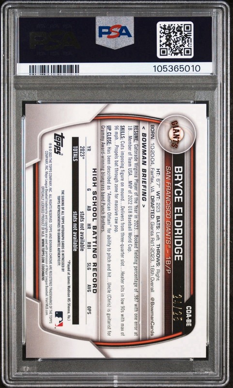 2023 Bowman Sapphire Bryce Eldridge Chrome Prospect Auto Orange /25 PSA 10 view 2