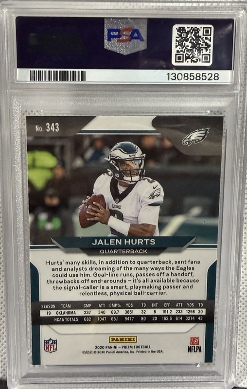2020 Panini Prizm Football Jalen Hurts Rookie #343 PSA 10 Philadelphia Eagles view 2