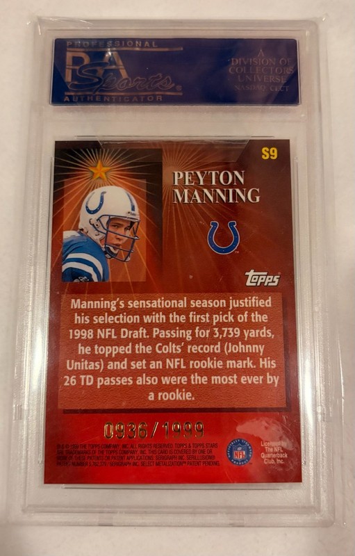 Peyton Manning Gold SP /1999 - 1999 Topps Stars of the Game #S9 - PSA 10 (POP 9) view 2