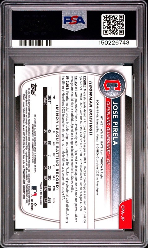 2025 Bowman Jose Pirela 1st Chrome Auto HTA /150 PSA 10 #CPAJP view 2