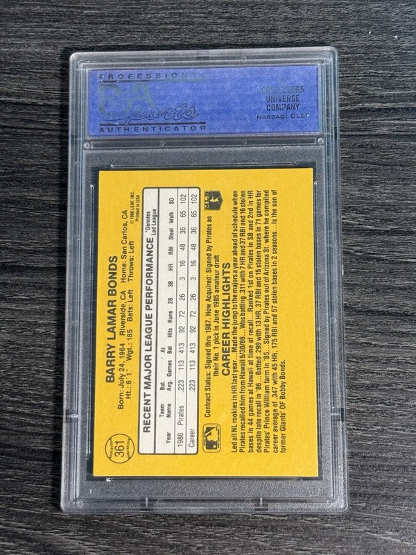 Barry Bonds - 1987 Donruss #361 Rookie (RC) - PSA 9 view 2