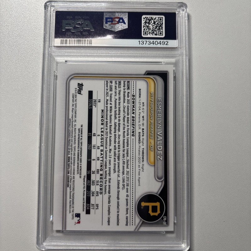 2024 Bowman Chrome ESMERLYN VALDEZ 1st Prospect Auto PSA 10 GEM Mint First RC view 2