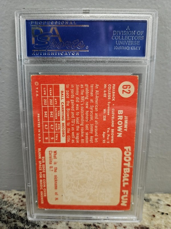 1958 Topps Jim Brown #62 RC On-card Autograph w/ "HOF 71" PSA/DNA Authentic view 2