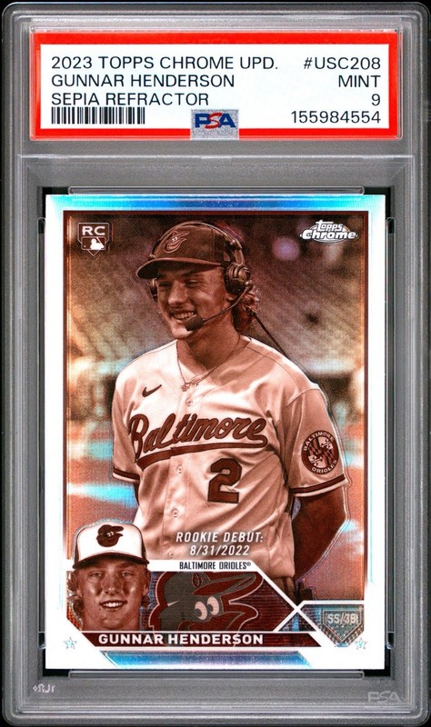 2023 Topps Chrome Update  USC208 Gunnar Henderson Sepia Refractor RC PSA 9